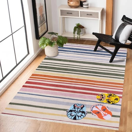 Krem Çizgili Modern Dijital Baskı Kaymaz Tabanlı Salon Halısı Bohem