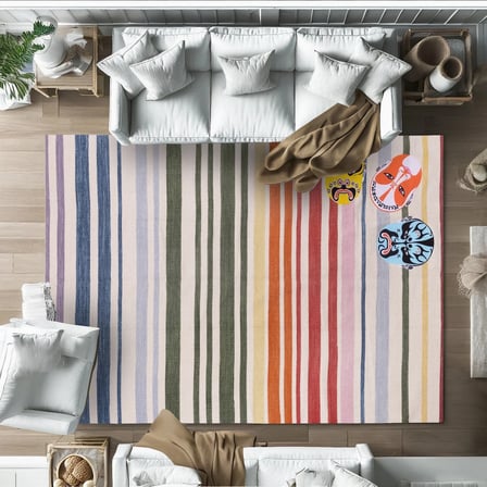Krem Çizgili Modern Dijital Baskı Kaymaz Tabanlı Salon Halısı Bohem