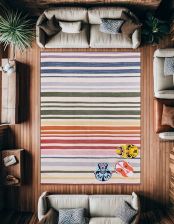 Krem Çizgili Modern Dijital Baskı Kaymaz Tabanlı Salon Halısı Bohem