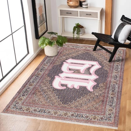 Pembe Geometrik Desenli Dijital Baskı Salon Halısı Kaymaz Tabanlı