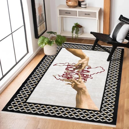 Beyaz Antrasit Gri Bordürlü Düz Dijital Baskı Salon Halısı Kaymaz Tabanlı Modern