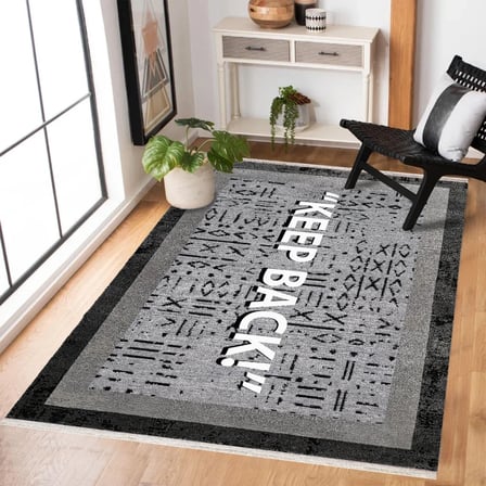 Antrasit Gri Geometrik Desenli Modern Salon Halısı Dijital Baskı Kaymaz Tabanlı