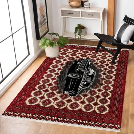 Ekru Kiremit Geometrik Desenli Kaymaz Taban Salon Halısı Etnik