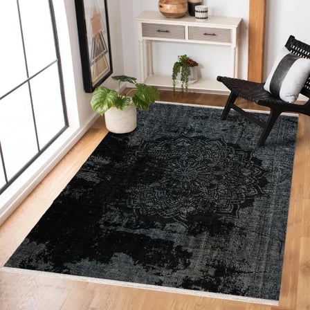 Antrasit Gri Geometrik Eskitme Dijital Baskı Kaymaz Taban Salon Halısı