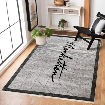Antrasit Gri Geometrik Desenli Modern Salon Halısı Dijital Baskı Kaymaz Taban