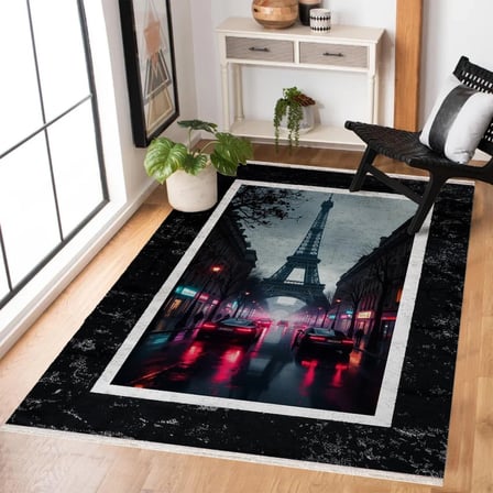 Siyah Koyu Gri Mandala Desenli Modern Salon Halısı Dijital Baskı Kaymaz