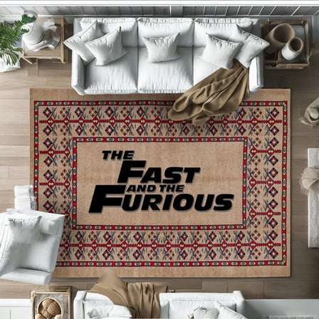 Bej Bordürlü Etnik Desenli Dijital Baskı Kaymaz Taban Salon Halısı