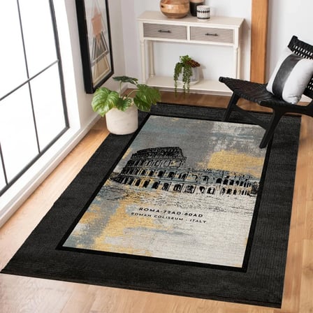 Ekru Füme Mandala Desenli Kaymaz Tabanlı Salon Halısı Eskitme Vintage