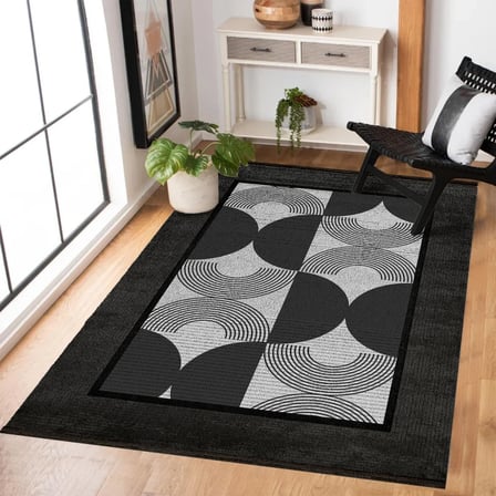 Antrasit Gri Siyah Geometrik Desenli Dijital Baskı Salon Halısı