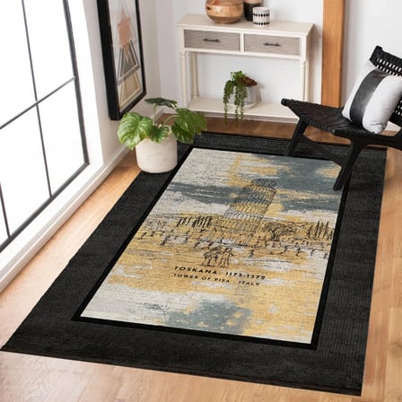 Sarı Antrasit Gri Düz Desenli Modern Kaymaz Taban Salon Halısı