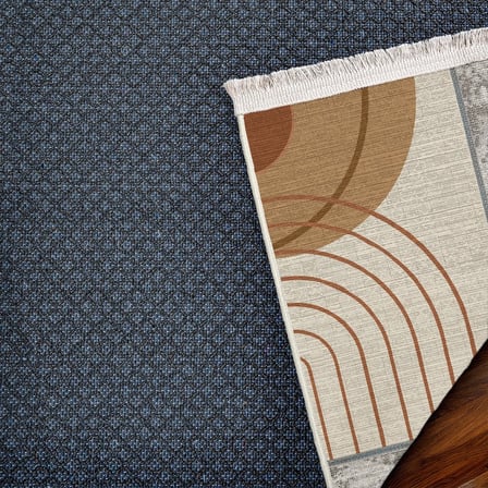 Taba Krem Geometrik Desenli Modern Salon Halısı Dijital Baskı Kaymaz Taban