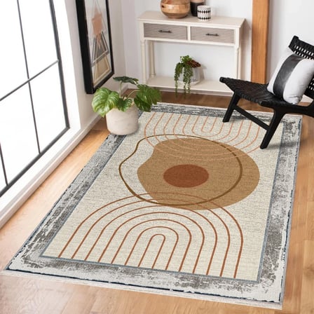 Taba Krem Geometrik Desenli Modern Salon Halısı Dijital Baskı Kaymaz Taban