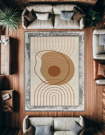 Taba Krem Geometrik Desenli Modern Salon Halısı Dijital Baskı Kaymaz Taban