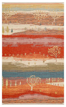 Soyut Doğa Manzaralı Turuncu Mavi Yatay Bantlı Yıkanabilir Modern Kilim Salon Yatak Odası