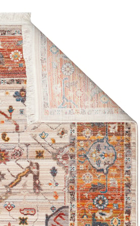 Bej Turuncu Çiçekli Madalyon Desenli Vintage Eskitme Klasik Salon Kilimi Ruvio 6 mm