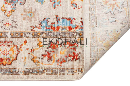 Bej Turuncu Madalyon Göbekli Geleneksel Motifli Eskitme Görünümlü Kilim Ruvio