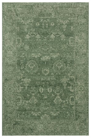 Yeşil Bej Madalyon Desenli Eskitme Polyester Klasik Halı Kiramo Vintage Bordürlü