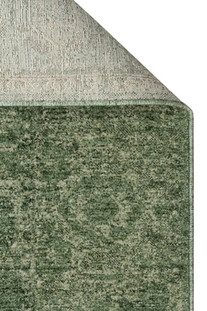 Yeşil Bej Madalyon Desenli Eskitme Polyester Klasik Halı Kiramo Vintage Bordürlü