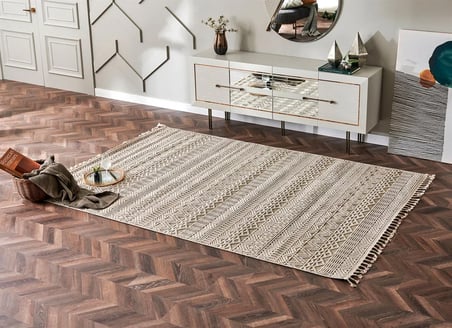 Ekru Taba El Dokuma Halı Geometrik Etnik Desenli Kabartmalı Yün Salon Koridor