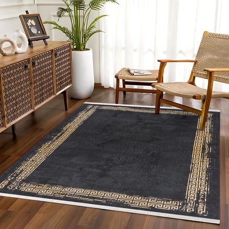 Siyah Geometrik Desenli Kaymaz Tabanlı Dijital Baskı Salon ve Koridor Halısı