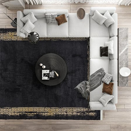Siyah Geometrik Desenli Kaymaz Tabanlı Dijital Baskı Salon ve Koridor Halısı