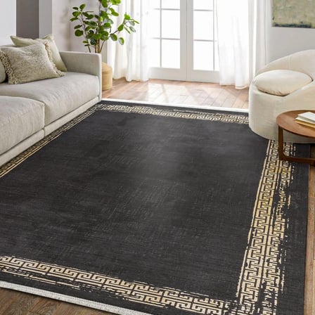 Siyah Geometrik Desenli Kaymaz Tabanlı Dijital Baskı Salon ve Koridor Halısı