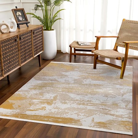 Vizon Kahve Sarı Soyut Desenli Kabartmalı Dijital Baskı Modern Salon Halısı