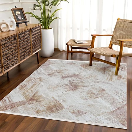 Ekru Eskitme Soyut Desenli Dijital Baskı Salon Halısı Kaymaz Tabanlı