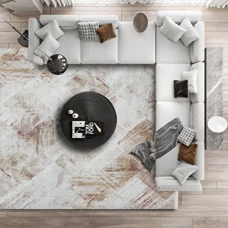 Ekru Eskitme Soyut Desenli Dijital Baskı Salon Halısı Kaymaz Tabanlı