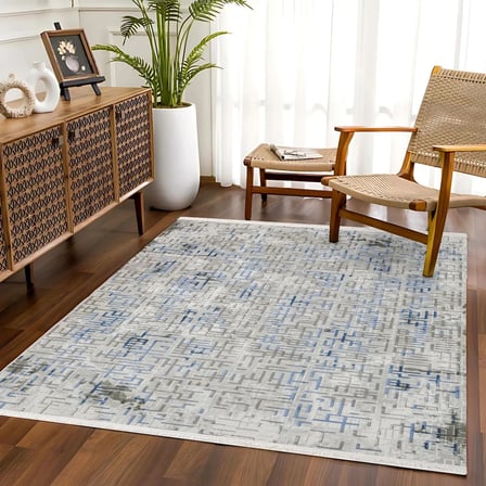 Mavi Krem Geometrik Desenli Dijital Baskı Kaymaz Taban Salon Halısı Modern Stil