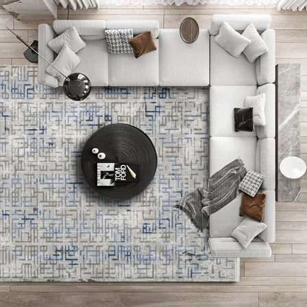 Mavi Krem Geometrik Desenli Dijital Baskı Kaymaz Taban Salon Halısı Modern Stil
