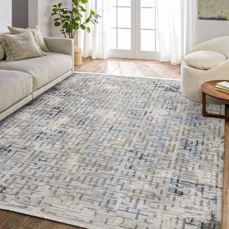 Mavi Krem Geometrik Desenli Dijital Baskı Kaymaz Taban Salon Halısı Modern Stil