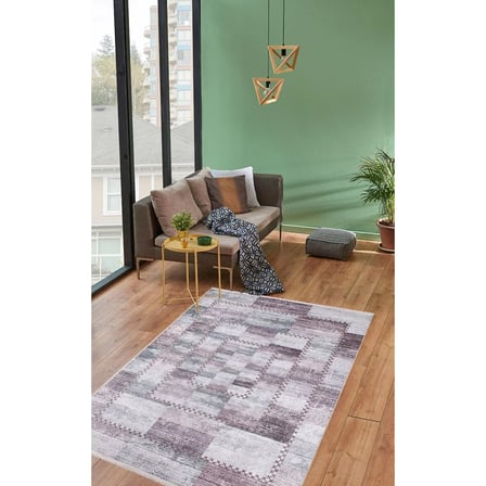 Lila Mor Geometrik Desenli Dijital Baskı Kaymaz Tabanlı Salon Halısı Eskitme