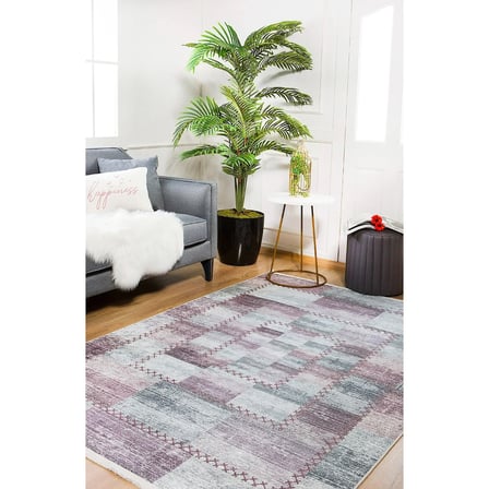 Lila Mor Geometrik Desenli Dijital Baskı Kaymaz Tabanlı Salon Halısı Eskitme