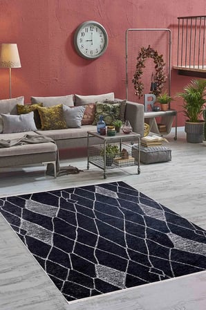 Lacivert Gri Geometrik Desenli Dijital Baskı Kaymaz Tabanlı Salon Halısı Modern