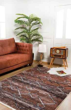Taba Geometrik Desenli Kaymaz Taban Salon Halısı Koridor Eskitme Vintage Stil