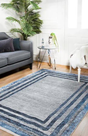 Gri Lacivert Geometrik Motifli Kaymaz Taban Dijital Baskı Halı