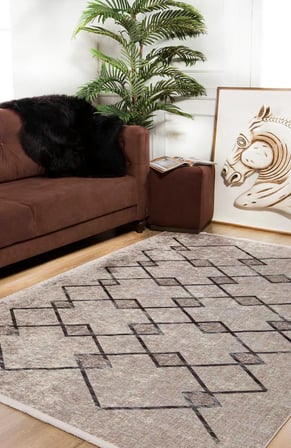 Gri Geometrik Modern Salon Halısı Kaymaz Tabanlı Baskı Koridor