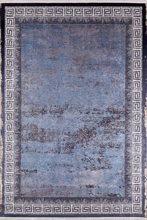 Gri Petrol Mavisi Geometrik Desenli Dijital Baskı Eskitme Salon Halısı