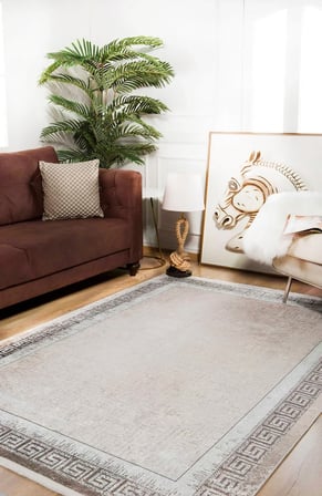 Bej Modern Bordürlü Eskitme Salon Halısı Dijital Baskı Koridor