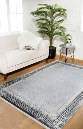 Gri Geometrik Desenli Kaymaz Taban Salon Halısı Koridor Eskitme Vintage Seri