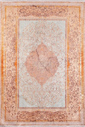Turuncu Madalyon Desenli Klasik Salon Halısı Kaymaz Eskitme Vintage