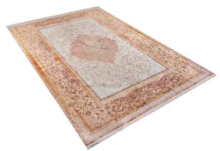 Turuncu Madalyon Desenli Klasik Salon Halısı Kaymaz Eskitme Vintage