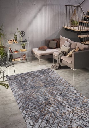 Antrasit Gri Geometrik Dijital Baskı Salon Halısı Kaymaz Noktalı Taban