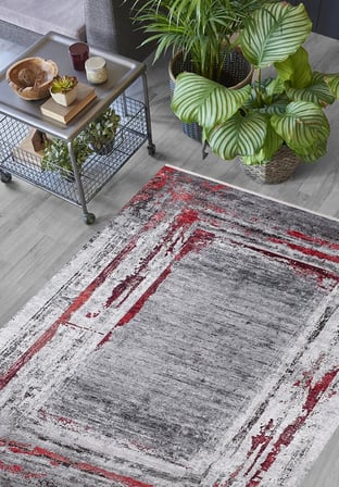 Bordo Antrasit Gri Soyut Desenli Yıkanabilir Kaymaz Modern Salon Halısı