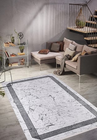 Beyaz Geometrik Desenli Dijital Baskı Modern Salon Halısı Kaymaz