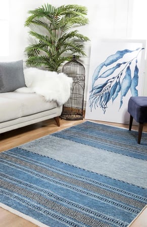 Mavi Geometrik Dijital Baskı Koridor Halısı Kaymaz Taban Salon