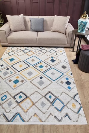 Krem Geometrik Desenli Kaymaz Tabanlı Salon Halısı Koridor İskandinav