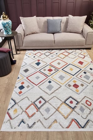 Krem Geometrik Dijital Baskı Salon Halısı Kaymaz Taban Koridor Modeli