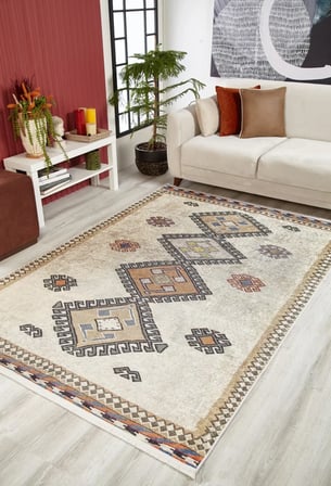 Krem Geometrik Etnik Dijital Baskı Kaymaz Tabanlı Halı Koridor
